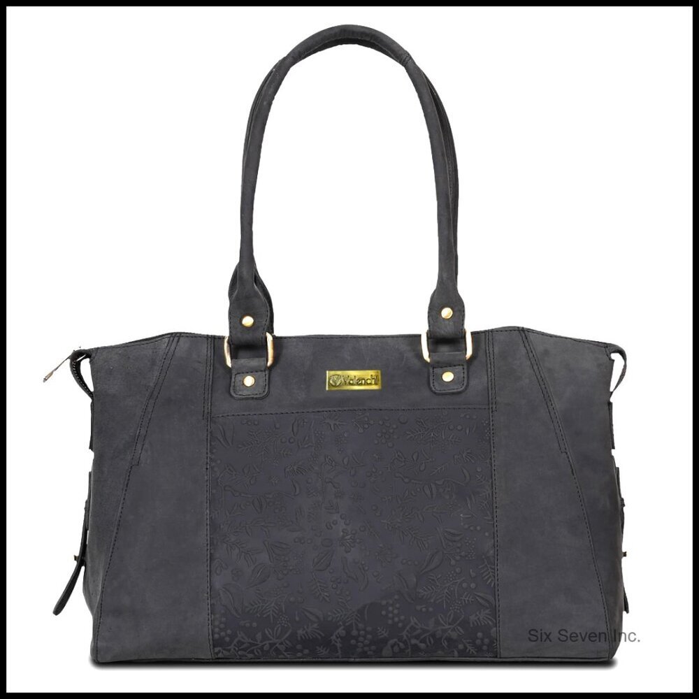 Genuine Leather Tote Bag Flower Embossed Design Work Travel Shoulder Purse